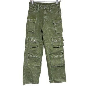 Fashion Nova Green Cargo Pants Womens Sz 0 Cargo Pockets Acid Wash Boho Utility